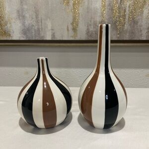 Striped Black, White, and Brown Ceramic Vases
